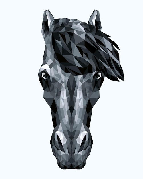 Retrato poligonal de un caballo negro. Vector ilustración de animales geométricos