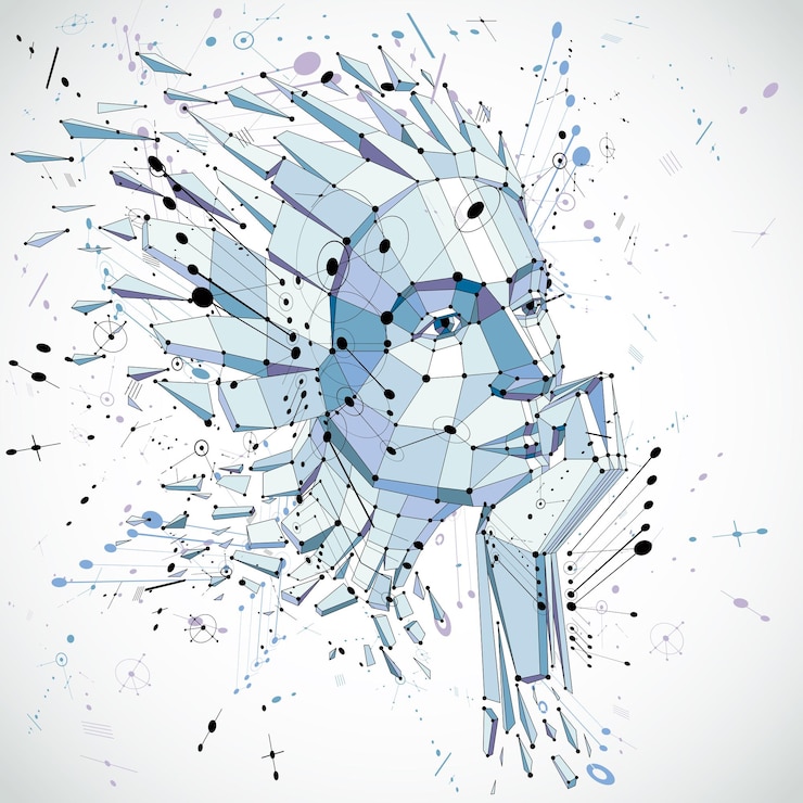 Vector retrato polivinílico bajo del vector 3d de una mujer inteligente, metáfora de los pensamientos humanos. antecedentes artísticos realizados con elementos visuales de estilo retro bauhaus, panales y círculos y líneas conectadas.