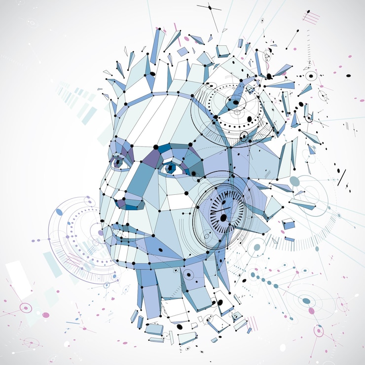 Vector retrato polivinílico bajo del vector 3d de una mujer inteligente, metáfora de los pensamientos humanos. fondo artístico hecho con elementos visuales de estilo de tecnología moderna, piezas de esquema mecánico y líneas conectadas.