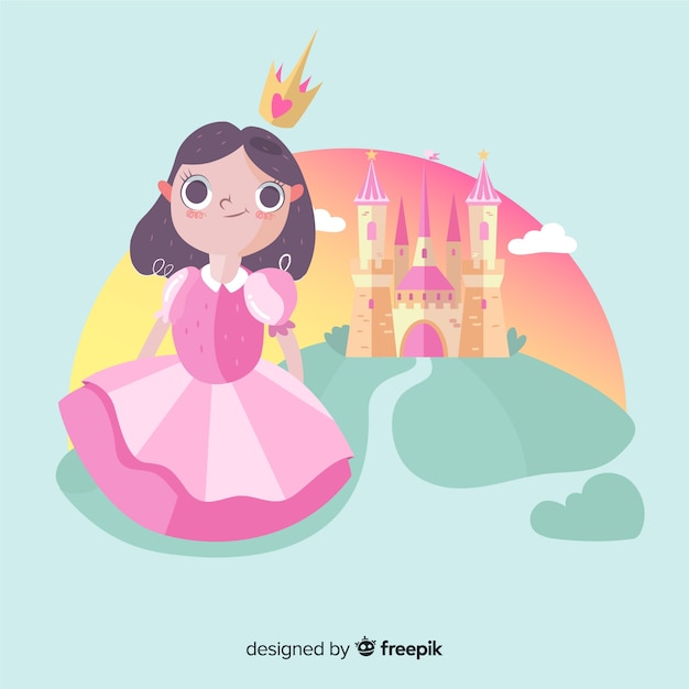 Vector retrato princesa morena con castillo dibujado a mano