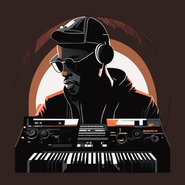 Vector retrato de un productor de música estilo de música negra haciendo ritmos en una ilustración de estilo de diseño mpc