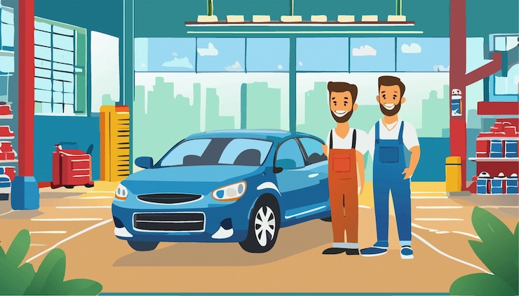Vector retrato de un puesto de mecánico cerca de un centro de reparación de automóviles dañados o un garaje ilustración vectorial