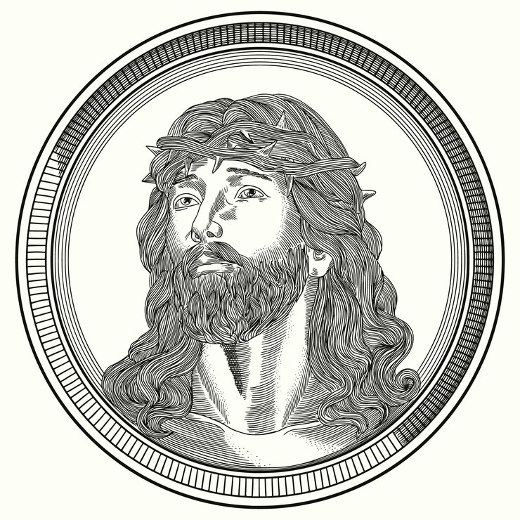 Vector retrato de realismo de jesucristo con estilo de grabado en un marco ilustración vectorial