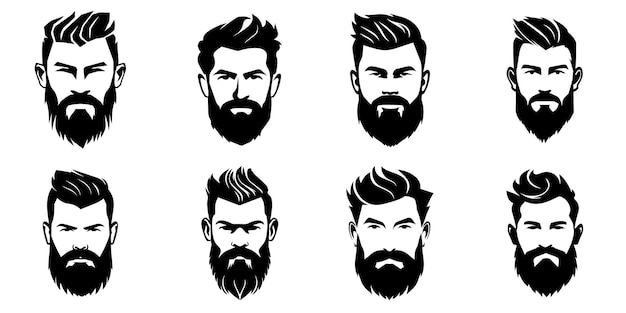 Retrato de rostro de hombre con barba y bigote Colección de vectores de silueta negra de corte de pelo