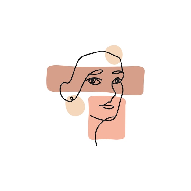 Retrato de rostro de mujer de una sola línea en estilo minimalista boho lineart Belleza de niña lineal abstracta Dibujo continuo de dama de moda Ilustración de vector contorneado de moda moderna aislada sobre fondo blanco