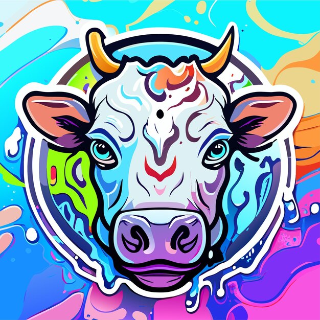 Vector retrato de una vaca en estilo pop art con colores voladores, expresión, adhesivo de dibujos animados plano y elegante dibujado a mano