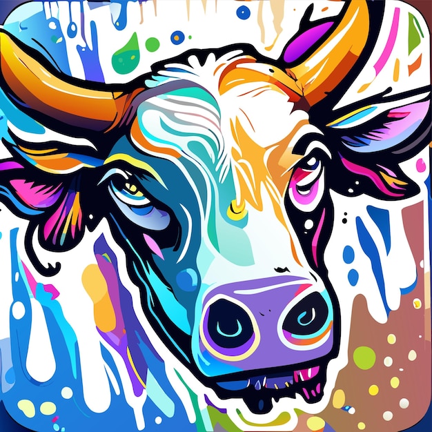 Vector retrato de una vaca en estilo pop art con colores voladores, expresión, adhesivo de dibujos animados plano y elegante dibujado a mano