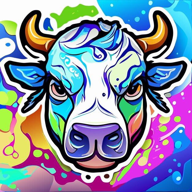 Retrato de vaca en estilo pop art de colores voladores expresión a mano dibujada plana estilosa pegatina de dibujos animados