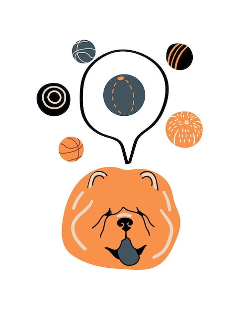 Retrato de vector de ilustración de dibujos animados de Chow Chow con perro y pelotas