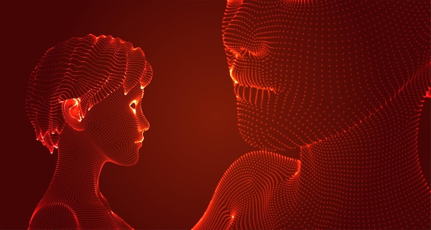 Retrato vectorial 3D de una hermosa joven con un conjunto de ángulos de corte de pelo en un fondo rojo