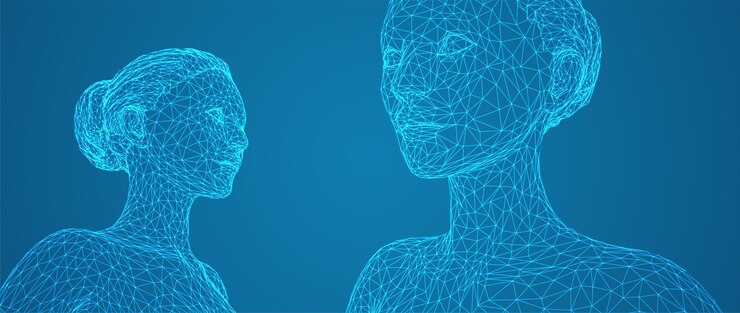 Vector retrato vectorial 3d de una hermosa joven con un conjunto de ángulos de peinado en un fondo azul