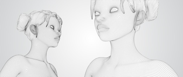 Retrato vectorial en 3d de una hermosa joven con un conjunto de ángulos de peinado en un fondo blanco