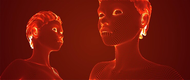 Vector retrato vectorial 3d de una hermosa joven con un conjunto de ángulos de peinado en un fondo rojo