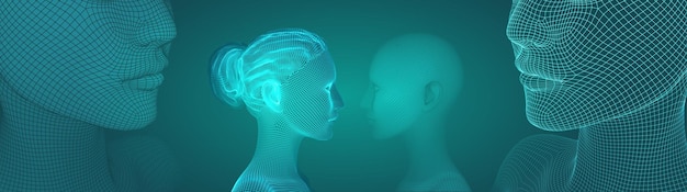 Retrato vectorial en 3d de una hermosa joven con un conjunto de ángulos de peinado en un fondo verde