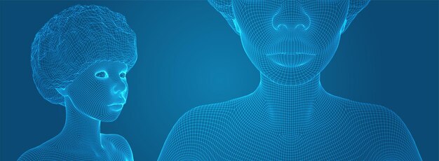 Retrato vectorial 3D de una hermosa joven con peinado conjunto de ángulos en un fondo azul