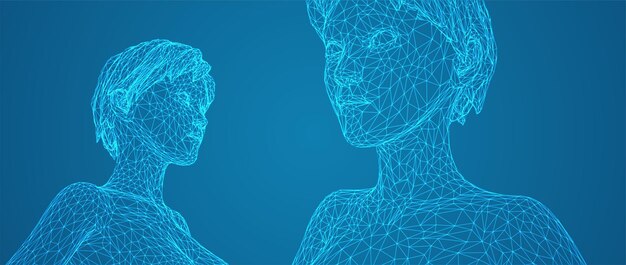 Retrato vectorial 3D de una hermosa joven con peinado conjunto de ángulos en un fondo azul