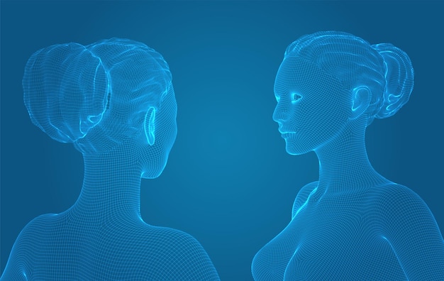 Retrato vectorial 3D de una hermosa joven con peinado conjunto de ángulos en un fondo azul
