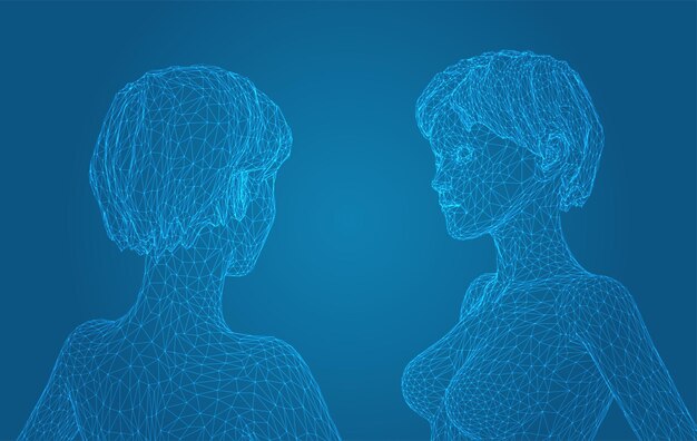 Retrato vectorial 3D de una hermosa joven con peinado conjunto de ángulos en un fondo azul