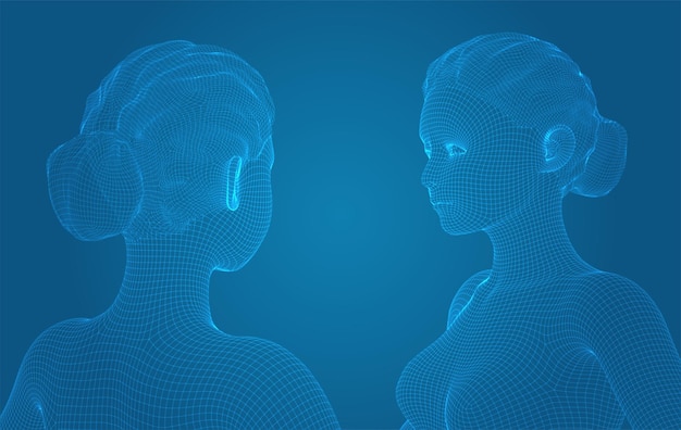 Retrato vectorial 3D de una hermosa joven con peinado conjunto de ángulos en un fondo azul