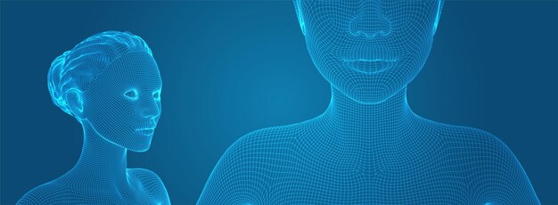 Retrato vectorial 3D de una hermosa joven con peinado conjunto de ángulos en un fondo azul