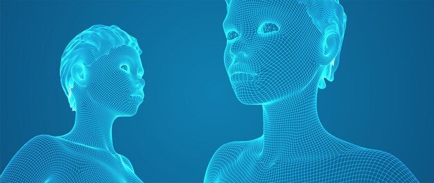 Retrato vectorial 3D de una hermosa joven con peinado conjunto de ángulos en un fondo azul