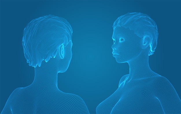 Retrato vectorial 3D de una hermosa joven con peinado conjunto de ángulos en un fondo azul