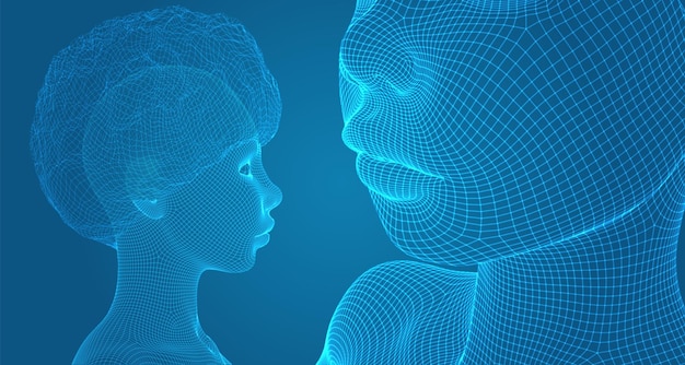 Retrato vectorial 3D de una hermosa joven con peinado conjunto de ángulos en un fondo azul
