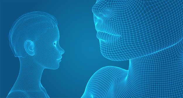 Retrato vectorial 3D de una hermosa joven con peinado conjunto de ángulos en un fondo azul