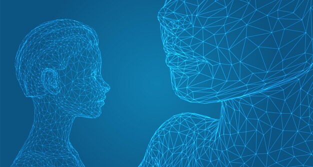 Retrato vectorial 3D de una hermosa joven con peinado conjunto de ángulos en un fondo azul