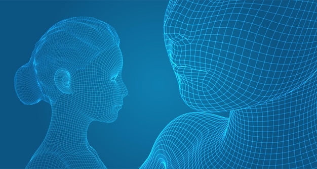 Retrato vectorial 3D de una hermosa joven con peinado conjunto de ángulos en un fondo azul