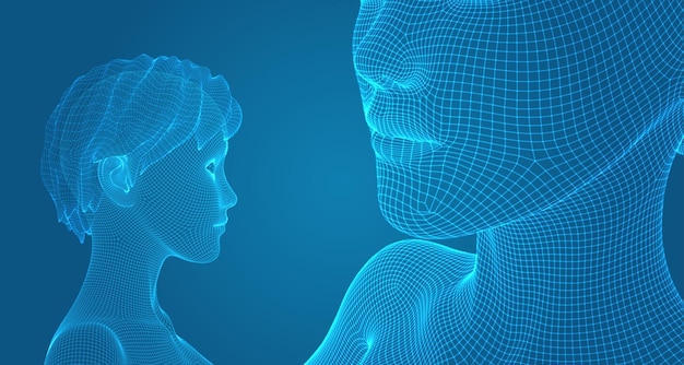 Retrato vectorial 3D de una hermosa joven con peinado conjunto de ángulos en un fondo azul