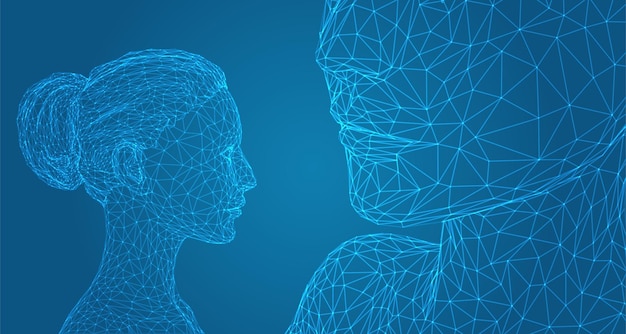Retrato vectorial 3D de una hermosa joven con peinado conjunto de ángulos en un fondo azul