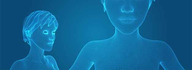 Retrato vectorial 3D de una hermosa joven con peinado conjunto de ángulos en un fondo azul