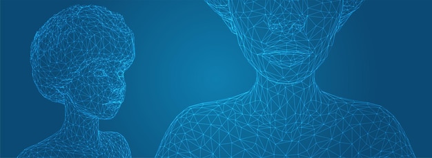 Retrato vectorial 3D de una hermosa joven con peinado conjunto de ángulos en un fondo azul