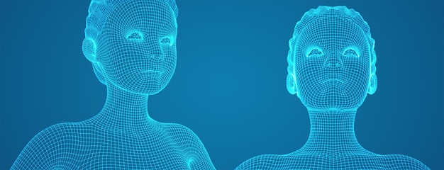 Retrato vectorial 3D de una hermosa joven con peinado conjunto de ángulos en un fondo azul