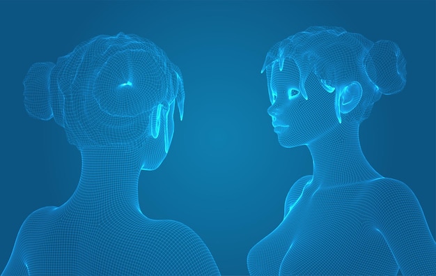 Retrato vectorial 3D de una hermosa joven con peinado conjunto de ángulos en un fondo azul