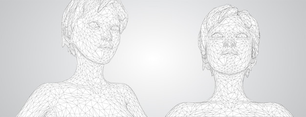 Retrato vectorial 3D de una hermosa joven con peinado conjunto de ángulos en un fondo blanco