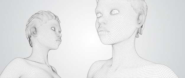 Retrato vectorial 3D de una hermosa joven con peinado conjunto de ángulos en un fondo blanco