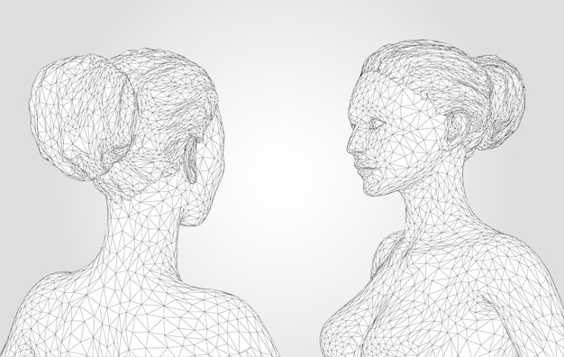 Retrato vectorial 3D de una hermosa joven con peinado conjunto de ángulos en un fondo blanco