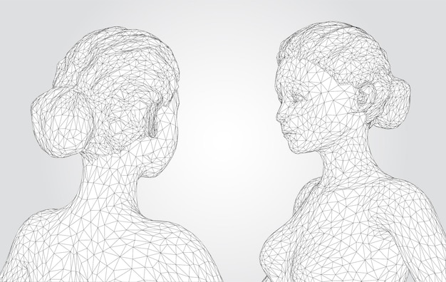 Retrato vectorial 3D de una hermosa joven con peinado conjunto de ángulos en un fondo blanco