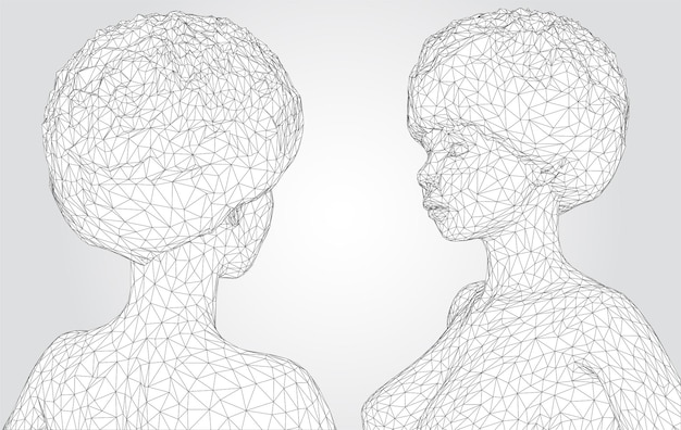 Retrato vectorial 3D de una hermosa joven con peinado conjunto de ángulos en un fondo blanco