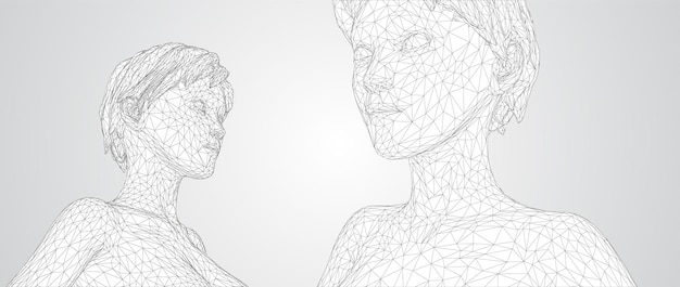 Retrato vectorial 3D de una hermosa joven con peinado conjunto de ángulos en un fondo blanco