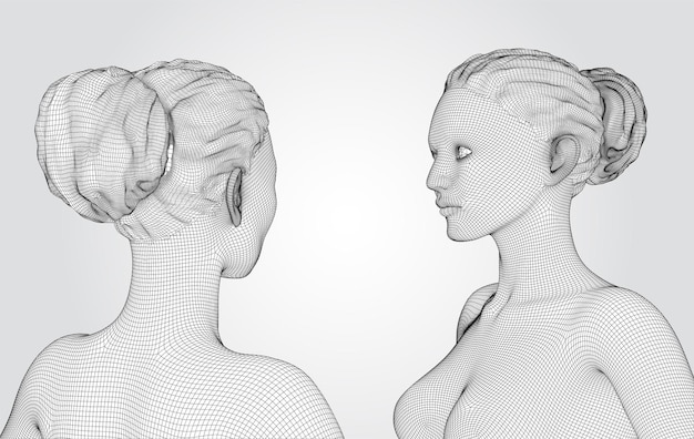 Retrato vectorial 3D de una hermosa joven con peinado conjunto de ángulos en un fondo blanco
