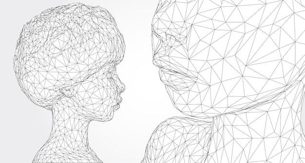 Retrato vectorial 3D de una hermosa joven con peinado conjunto de ángulos en un fondo blanco