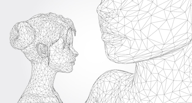 Retrato vectorial 3D de una hermosa joven con peinado conjunto de ángulos en un fondo blanco
