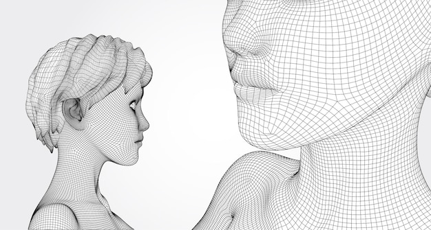 Retrato vectorial 3D de una hermosa joven con peinado conjunto de ángulos en un fondo blanco