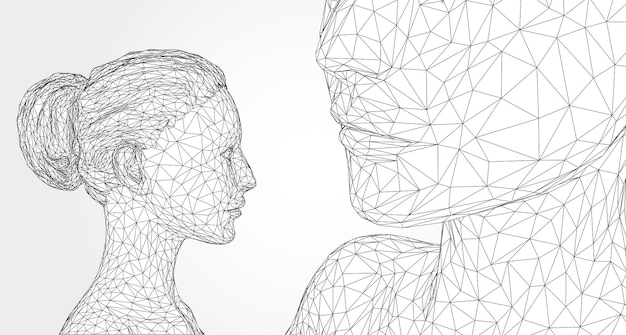 Retrato vectorial 3D de una hermosa joven con peinado conjunto de ángulos en un fondo blanco