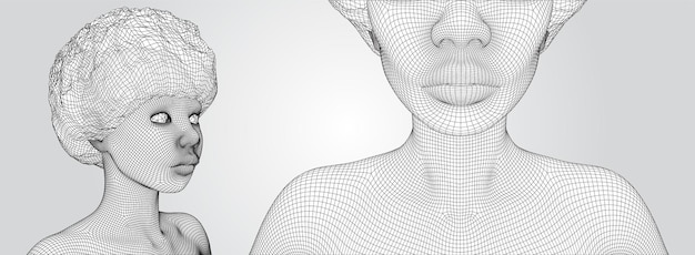 Retrato vectorial 3D de una hermosa joven con peinado conjunto de ángulos en un fondo blanco