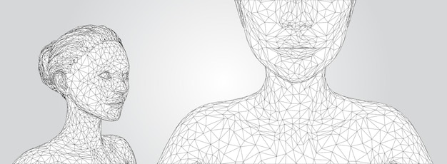 Retrato vectorial 3D de una hermosa joven con peinado conjunto de ángulos en un fondo blanco