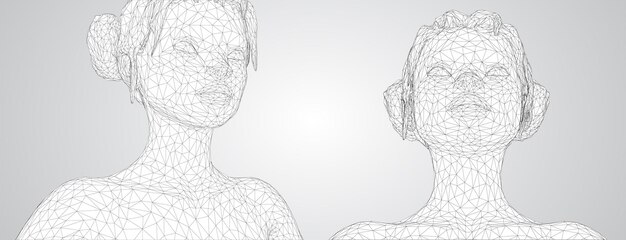 Retrato vectorial 3D de una hermosa joven con peinado conjunto de ángulos en un fondo blanco